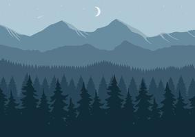 Mountain landscape with coniferous forest and moon at night. Vector illustration.