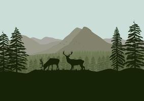 Deer silhouette in the forest with mountains. Vector illustration