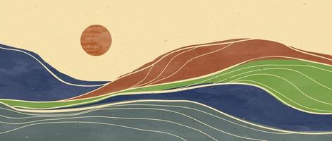 Olas oceánicas abstractas naturales y pintura de arte de montaña. fondos estéticos contemporáneos abstractos paisajes. con mar, montaña, ola y sol. ilustraciones vectoriales vector