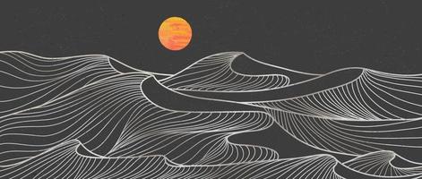 impresión de arte de línea de desierto de montaña. abstracto montaña contemporáneo estética fondos paisajes. estilo dibujado a mano con desierto, luz de la luna, olas del océano. ilustraciones vectoriales vector