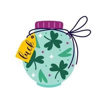 Glass jar with shamrock. Simple vector icon. Flask tied with a rope with a tag. Clover leaves inside the bottle. Symbol of good luck, fortune, St. Patrick's Day. Flat cartoon clipart isolated on white