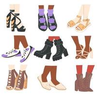 pares de zapatos, hembras con tacones y botas planas vector