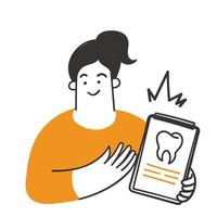 persona de garabato dibujada a mano sosteniendo portapapeles con ilustración de datos de dientes vector