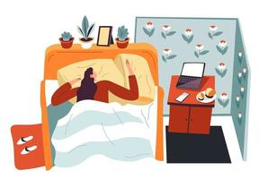 Teenager sleeping in bedroom, table with laptop vector