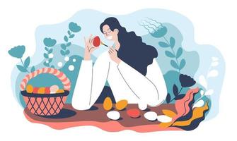 mujer pintando huevos para la celebración de vacaciones de pascua vector