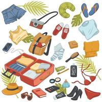 Summer traveling and voyage belongings kit and bag vector