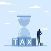 Countdown time for tax deadline concept, hourglass or sand on wooden cube block with letters TAX with standing character looking up at hourglass, vector flat illustration.