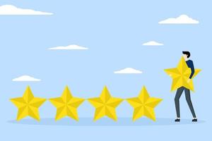 User experience concept, customer feedback star rating or business and investment rating concept, businessman holding golden yellow star to add to 5 stars rating. vector