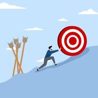 failure or obstacle, missed target, difficulty in working hard to achieve target or setting too high or unrealistic goal concept, businessman trying hard to push dartboard or arrow target up hill. vector