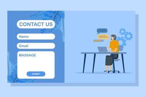 Contact Us Form Template for Web and Landing Pages. Female Customer Service Agent with Headset Talking to Client. Online Customer Support and Helpdesk Concept. Flat Cartoon Vector Illustration.