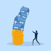 Real estate stock risk or economic recession concept, property and housing market crash, home owner entrepreneur or real estate agent helping to protect house from falling from pile of unstable coins. vector