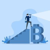 concepto de visualización futura de bitcoin y criptomoneda, oportunidad de inversión o concepto de activo financiero alternativo, empresario subiendo la escalera por encima de bitcoin usando binoculares para ver la oportunidad. vector