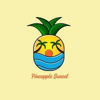 Vector illustration of a beach in a pineapple with orange sun rays. Suitable for use as a sticker or used as a logo and printed on t-shirts.