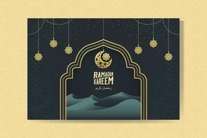 Ramadan Kareem greeting card with lanterns, moon and sand dunes. Ramadan Mubarak. Background vector illustration.