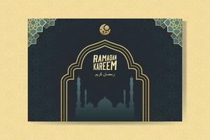 Ramadan Kareem greeting card with mosque and moon. Ramadan Mubarak. Background vector illustration.