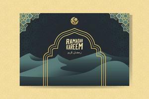 Ramadan Kareem greeting card with moon and sand dunes. Ramadan Mubarak. Background vector illustration.