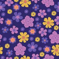 Seamless pattern with various flowers on a dark blue background. Vector graphics.