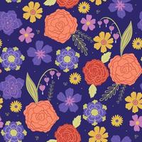 Seamless pattern with various flowers on a dark blue background. Vector graphics.