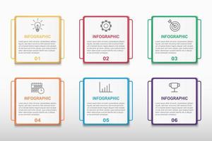 Infographic vector template with 6 colours round square step or option and number. Business presentation, target goal report, project timeline, strategy plan, success information, flat diagram layout.