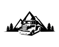 Silueta de camión chevy coe de los años 40. vista de fondo blanco aislado desde un lado. diseño de vector de camión premium con vista a la montaña. mejor para el logotipo del concepto de placa. EPS 10 disponible.