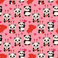 Seamless Pattern with Cute little sitting pandas holds hearts. Love, Valentine's Day vector