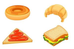 donut, croissant, sándwich, tostadas con mermelada. preparar el desayuno. productos de panadería. icono en estilo de dibujos animados. objeto aislado. vector