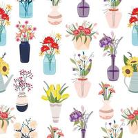 A pattern of blooming soda beautiful flowers in vases and jars. In a modern flat style. Decorative floral elements. vector