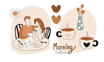 hombres y mujeres jóvenes desayunan juntos. pareja feliz de la mañana del fin de semana, café de la mañana, ilustración de conjunto de garabatos vectoriales. vector