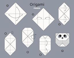 esquema de origami panda tutorial. elementos de origami aislados sobre fondo gris. papiroflexia para niños. paso a paso como hacer peces de origami. ilustración vectorial vector