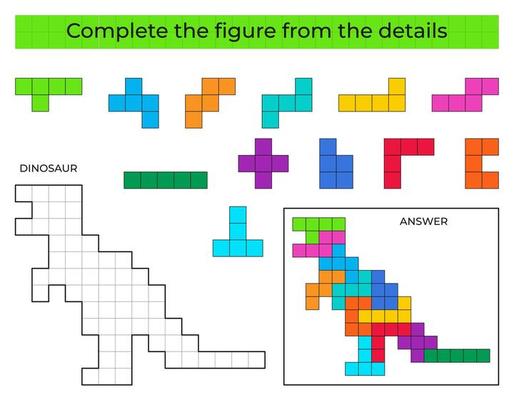 Puzzle game with colorful details for children. Complete figure. Education game for kids, preschool worksheet activity. Tetris game. Vector illustration.