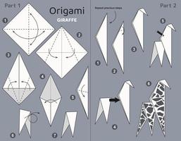 Tutorial giraffe origami scheme. isolated origami elements on grey backdrop. Origami for kids. Step by step how to make origami giraffe. Vector illustration.