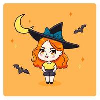 Cute and kawaii chibi Girl. Witch in hat and with bats in manga style. Vector illustration.