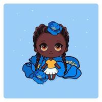 Cute and kawaii afro american girl with poppies. Happily manga chibi girl with blue flowers. Vector Illustration. All objects are isolated. Art for prints, covers, posters and any use.