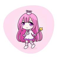 linda y kawaii princesa con cabello rosado. felizmente manga chibi girl con corona. ilustración vectorial todos los objetos están aislados. arte para grabados, portadas, carteles y cualquier uso. vector