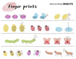 Finger prints art. Education tasks for kids how to make different insects. Vector illustration. isolated elements.