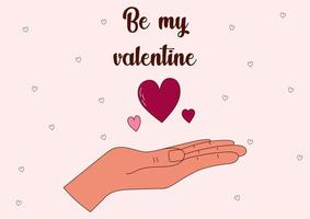 Valentine's Day greeting card with a hand and hearts. Vector illustration