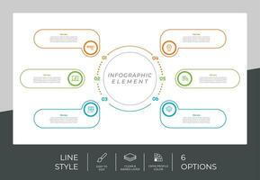 diseño de vector infográfico de flujo de trabajo con 6 pasos y diseño de línea. La infografía de pasos se puede utilizar para presentaciones, informes anuales y fines comerciales.