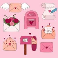 conjunto dibujado a mano de cartas y correo para el día de san valentín. elementos de diseño para carteles, tarjetas de felicitación, pancartas e invitaciones. vector