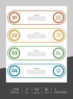 diseño de vector infográfico de flujo de trabajo con 4 pasos y diseño de línea. La infografía de pasos se puede utilizar para presentaciones, informes anuales y fines comerciales.