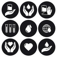 Blood donation icons set. White on a black background vector