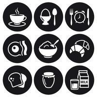 conjunto de iconos de desayuno. blanco sobre un fondo negro vector