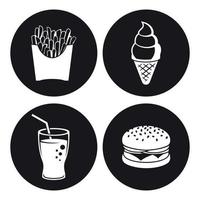 conjunto de iconos de comida rápida. blanco sobre un fondo negro vector