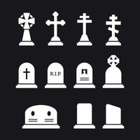 conjunto de iconos de cementerio. blanco sobre un fondo negro vector