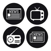 conjunto de iconos de noticias. periódico, tv, radio, sitio web. blanco sobre un fondo negro vector