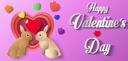 feliz día de san valentín en el año del conejo. concepto de técnica de corte de papel. son corazones y conejos multicolores. sobre un fondo rosa. encabezado o plantilla de venta de feliz día de san valentín con corazones. vector