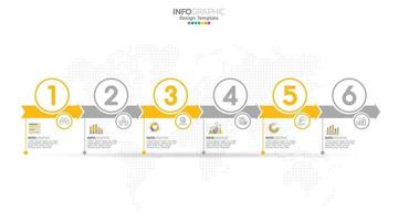 El vector infográfico de línea de tiempo con 6 pasos se puede utilizar para flujo de trabajo, diseño, diagrama, informe anual, diseño web.