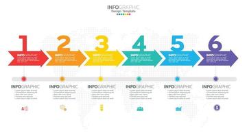 El vector infográfico de línea de tiempo con 6 pasos se puede utilizar para el diseño web del informe anual del diagrama de diseño de flujo de trabajo.