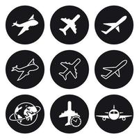 conjunto de iconos de avión. blanco sobre un fondo negro vector