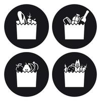 iconos de bolsas de comestibles. blanco sobre un fondo negro vector