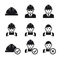 iconos de casco de trabajo. hombre con casco. Negro sobre un fondo blanco vector